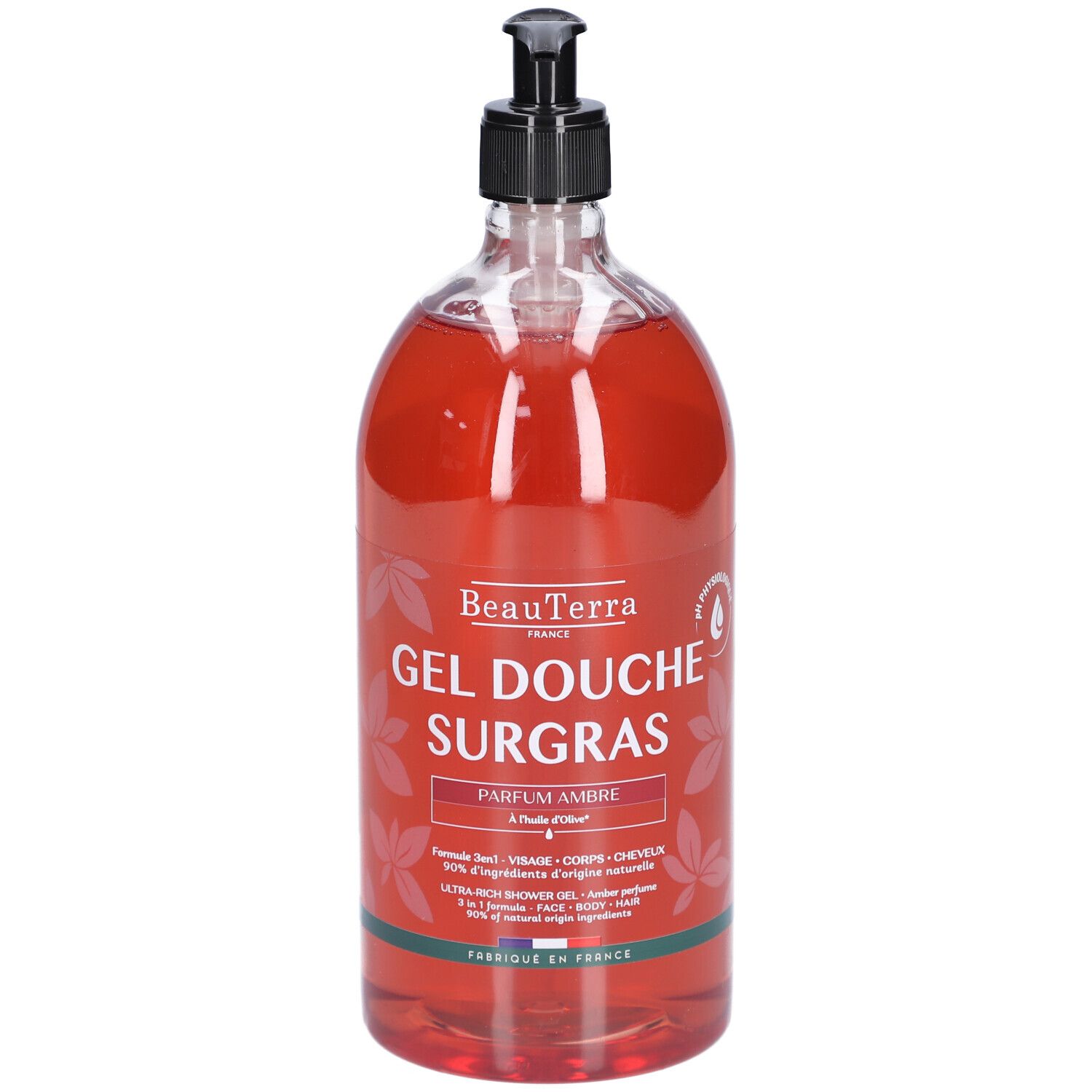 Transparante fles met rode douchegel. Zwarte pomp. Opschrift: BeauTerra, Gel Douche Surgras, Parfum Ambre.