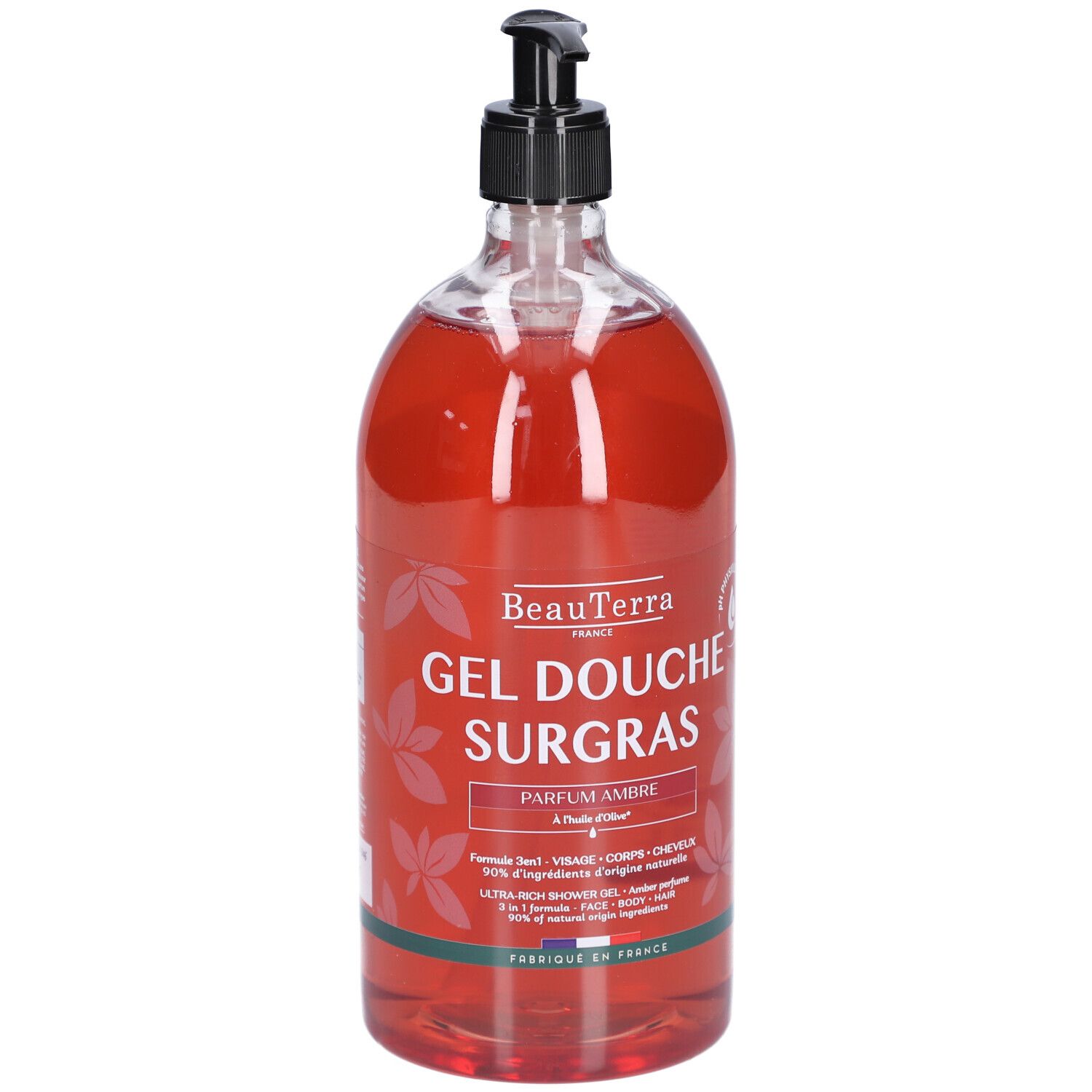 Transparante fles met rode douchegel. Zwarte pomp. Opschrift: BeauTerra, Gel Douche Surgras, Parfum Ambre.