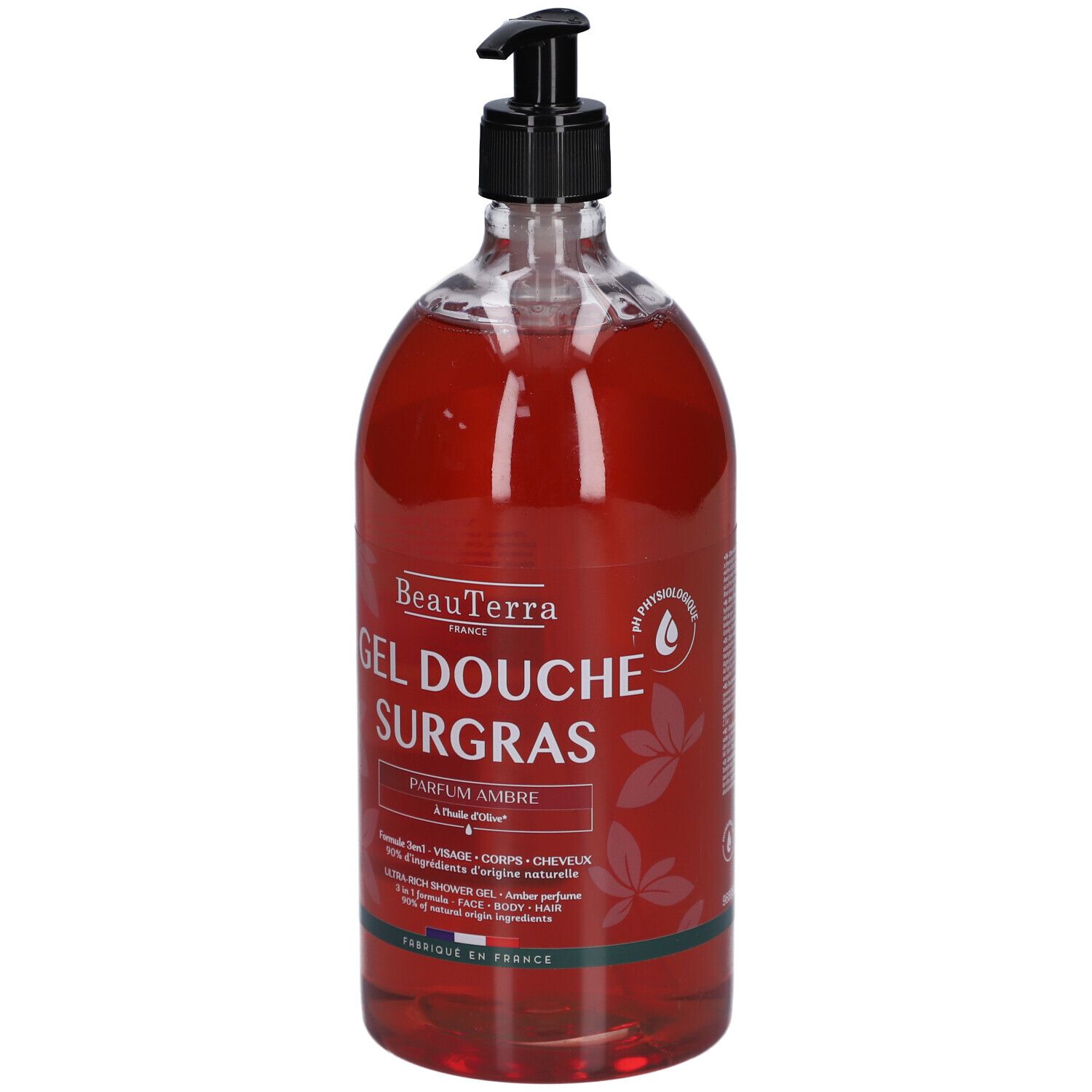 Transparante fles met rode douchegel. Zwarte pomp. Opschrift: BeauTerra, Gel Douche Surgras, Parfum Ambre.