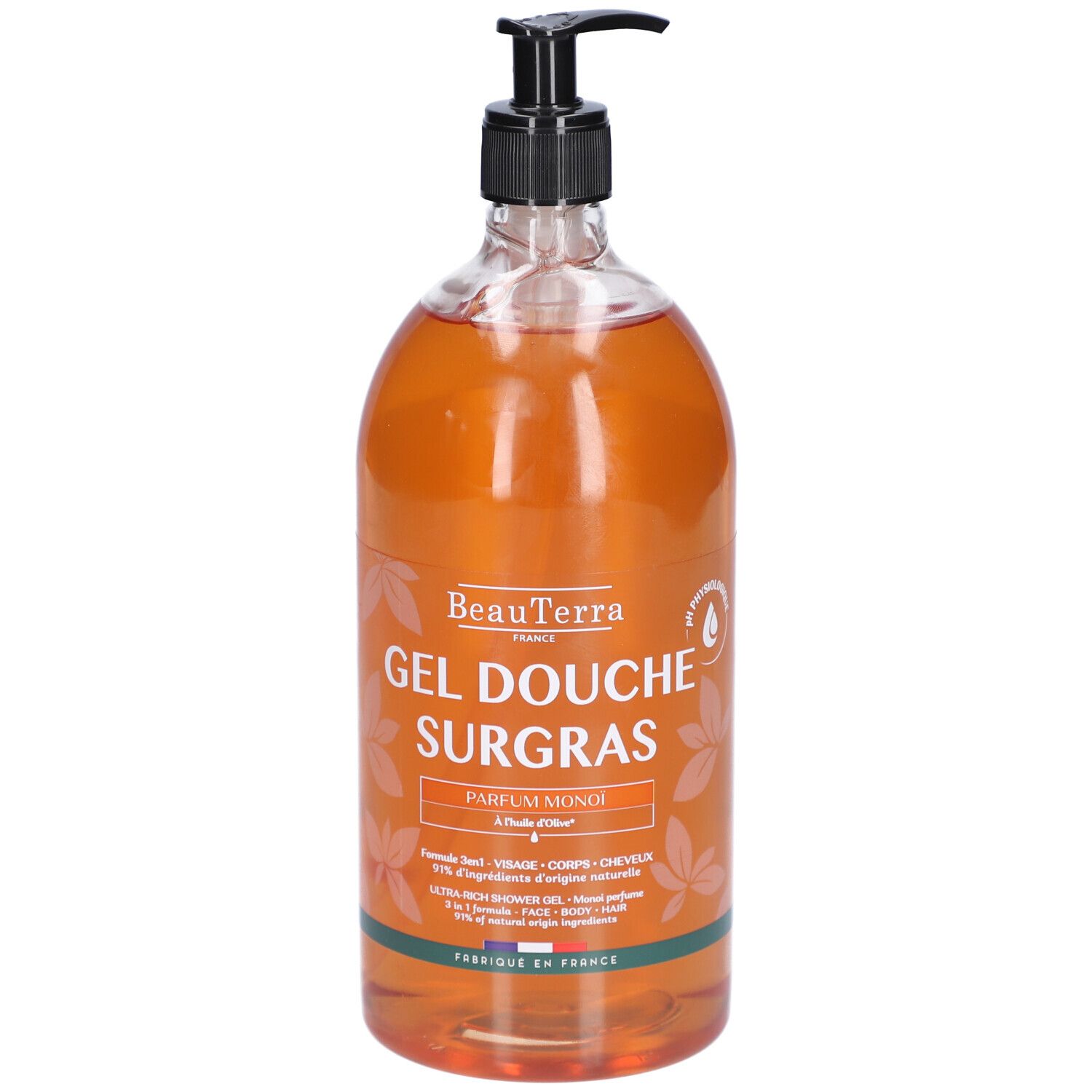 Flacon transparent de gel douche brun. Pompe noire. Inscriptions: BeauTerra, Gel Douche Surgras, Parfum Monoï.