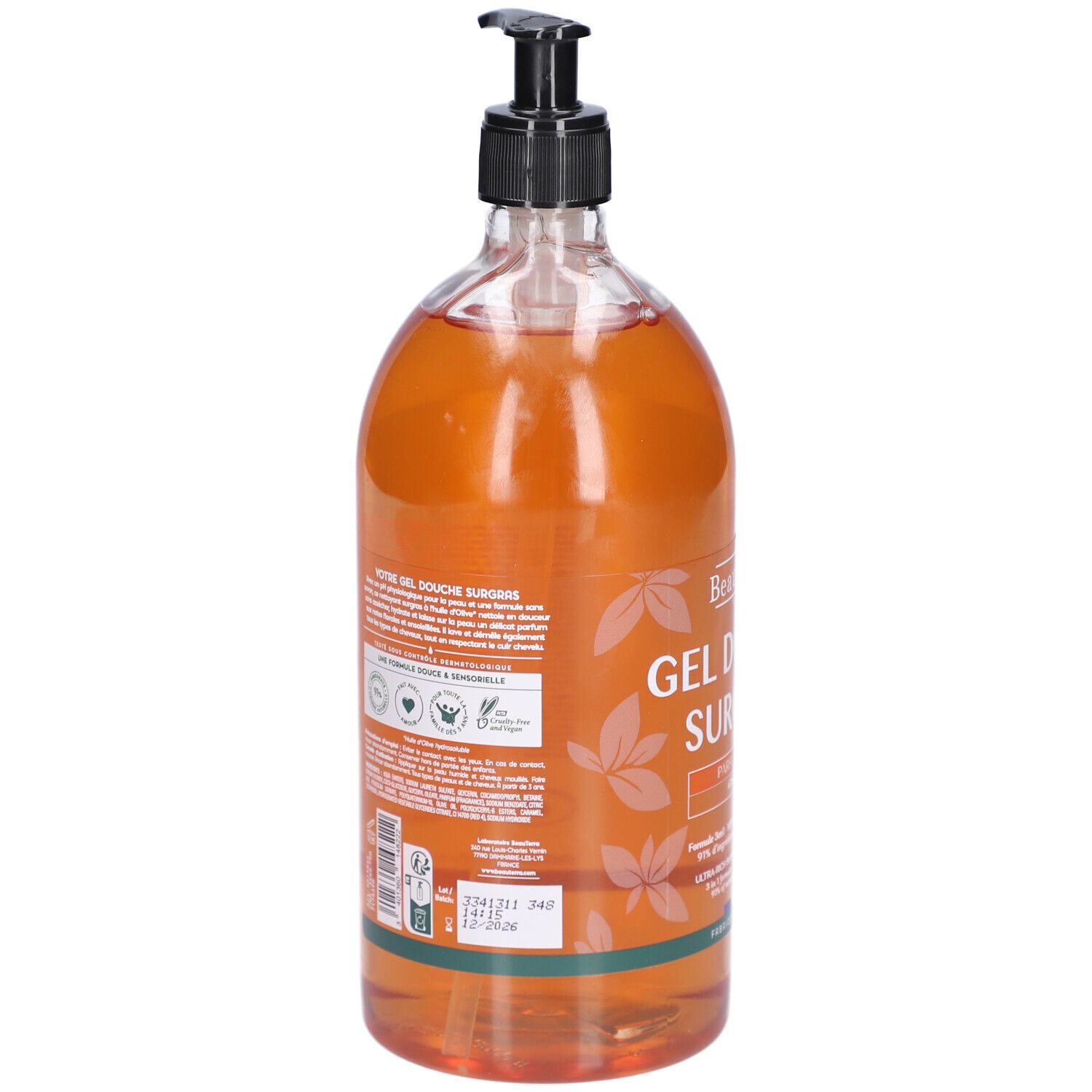 Dos du flacon de gel douche brun. Pompe noire. Texte et logos. Étiquettes vertes. 1L.