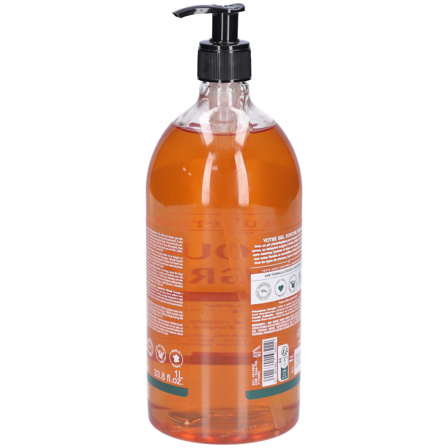 Dos du flacon de gel douche brun. Pompe noire. Texte et logos. Étiquettes vertes. 1L.