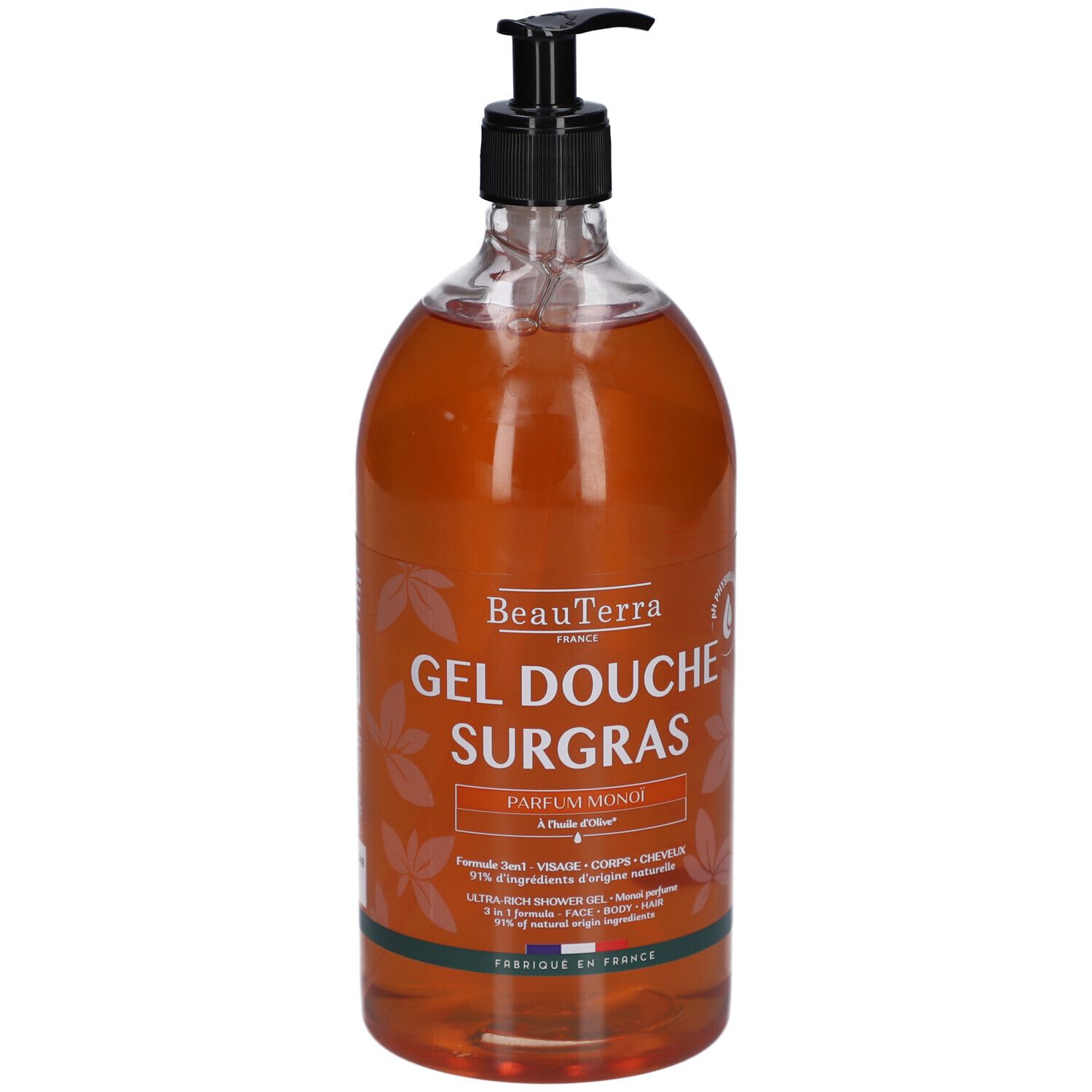 Flacon transparent de gel douche brun. Pompe noire. Inscriptions: BeauTerra, Gel Douche Surgras, Parfum Monoï.