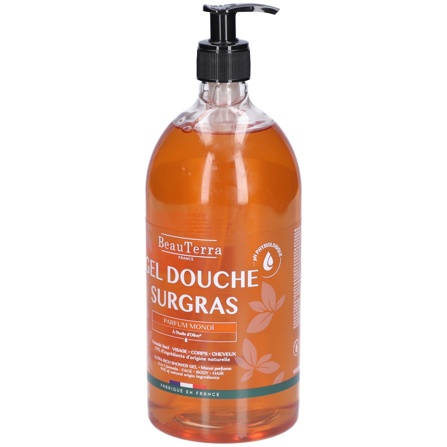 Flacon transparent de gel douche brun. Pompe noire. Inscriptions: BeauTerra, Gel Douche Surgras, Parfum Monoï.