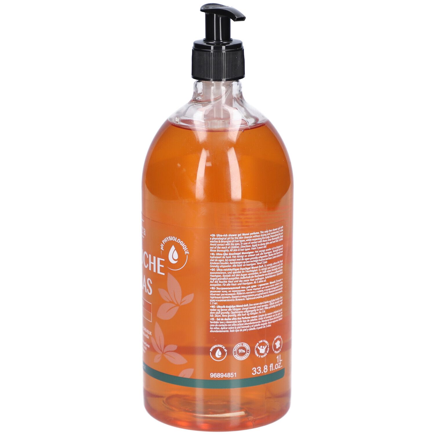 Dos du flacon de gel douche brun. Pompe noire. Texte et logos. Étiquettes vertes. 1L.