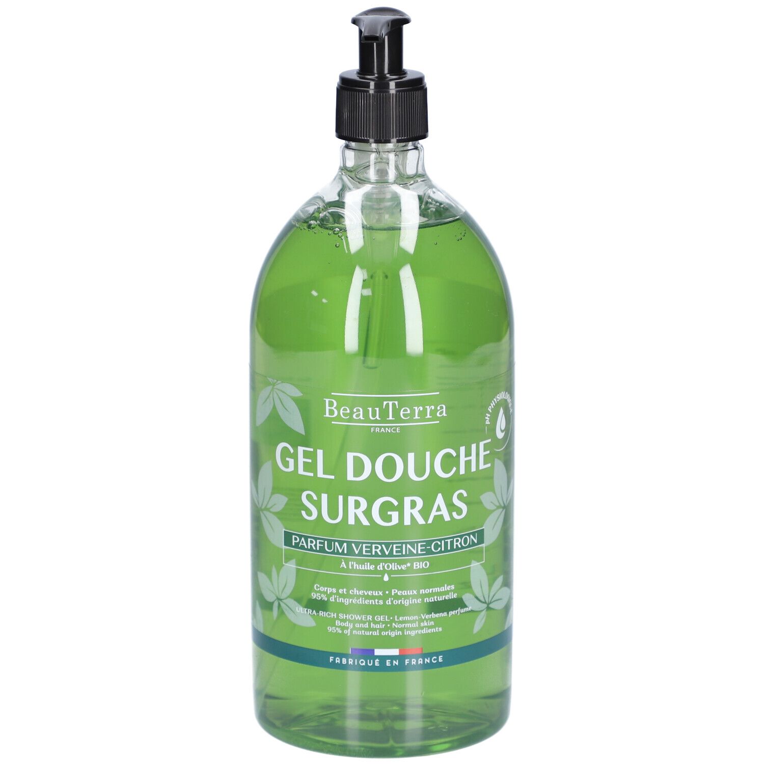 Transparante fles met groene douchegel. Zwarte pomp. Opschrift: Gel Douche Surgras Parfum Verveine Citron. Franse vlag.