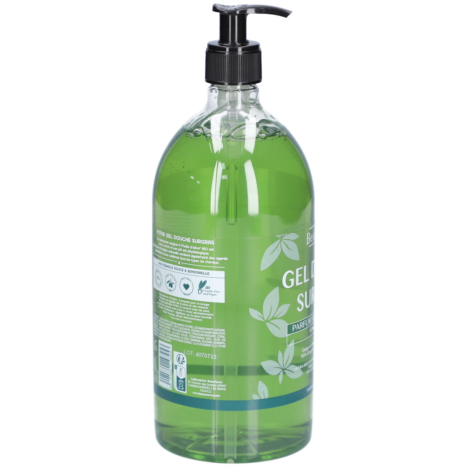 Transparante fles met groene douchegel. Zwarte pomp. Achterkant met tekst en logo's. Groene en blauwe strepen.