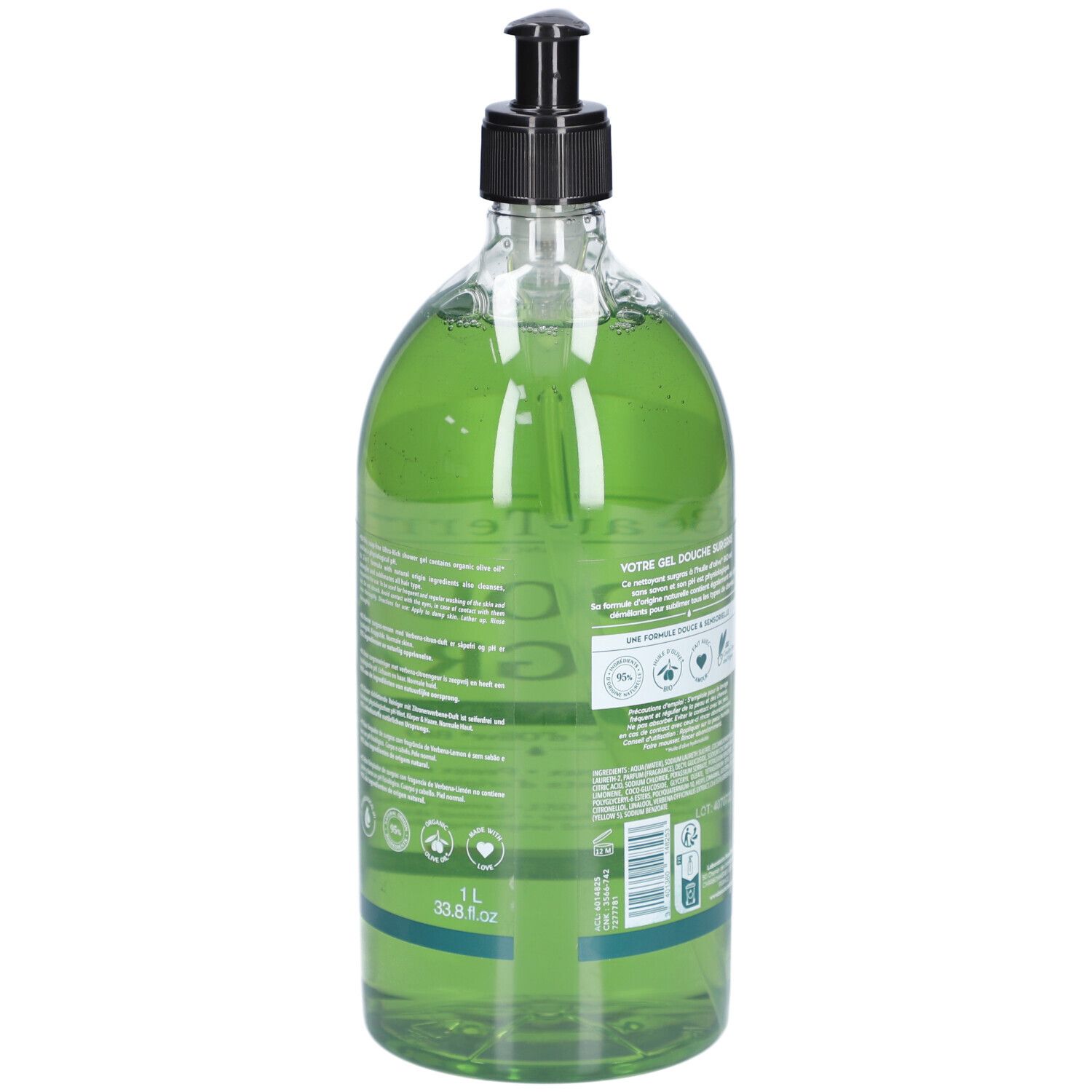 Transparante fles met groene douchegel. Zwarte pomp. Achterkant met tekst en logo's. Volume-aanduiding: 1L.