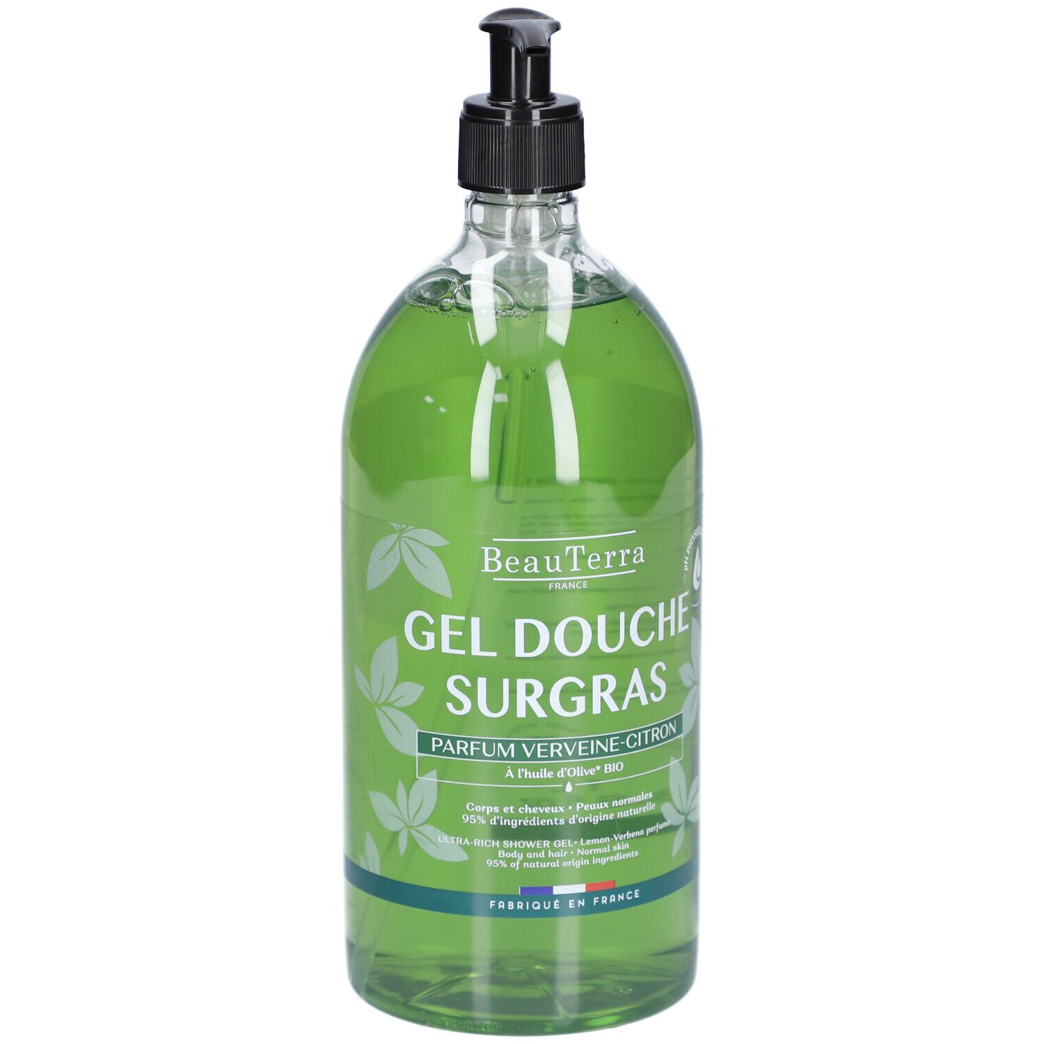 Transparante fles met groene douchegel. Zwarte pomp. Opschrift: Gel Douche Surgras Parfum Verveine Citron. Franse vlag.