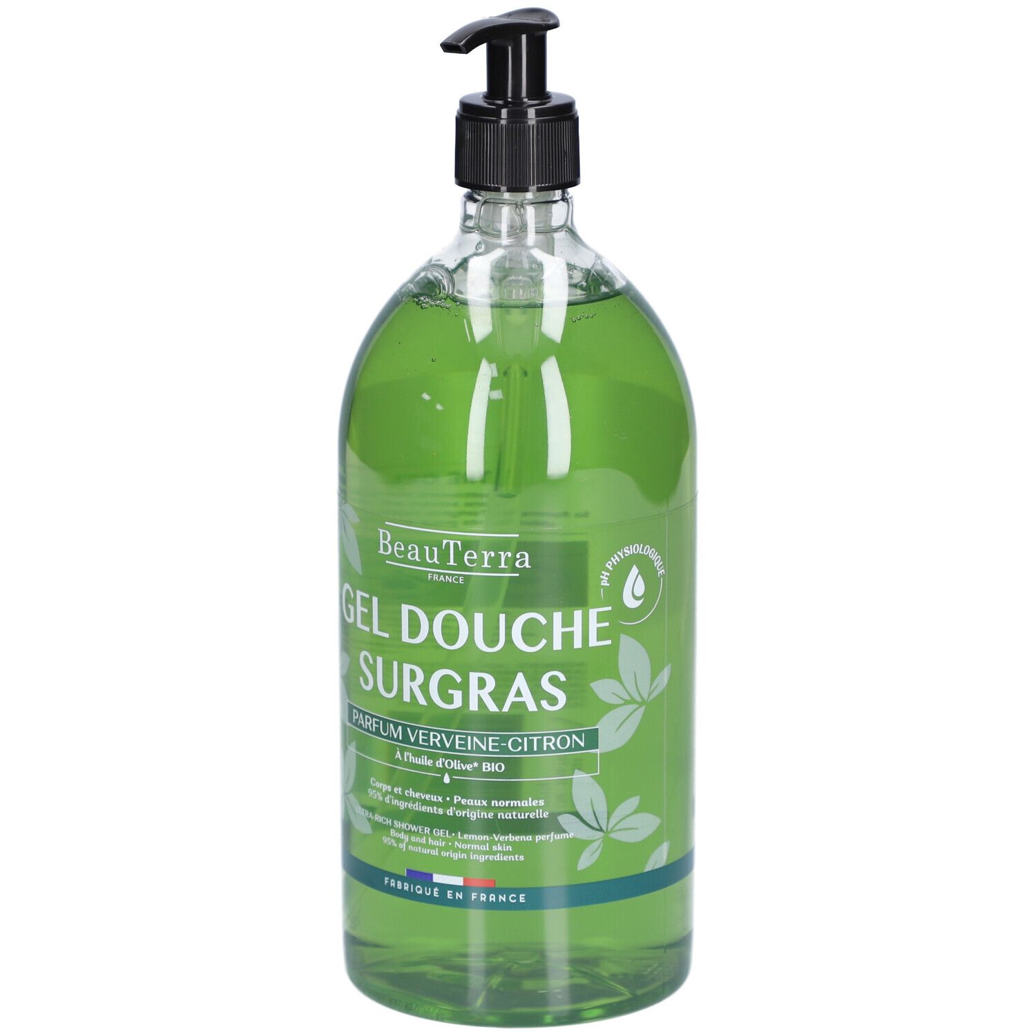 Transparante fles met groene douchegel. Zwarte pomp. Opschrift: Gel Douche Surgras Parfum Verveine Citron. Franse vlag.