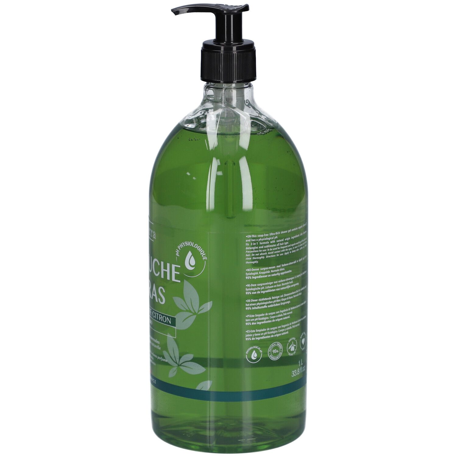 Transparante fles met groene douchegel. Zwarte pomp. Achterkant met tekst en logo's. Volume-aanduiding: 1L.