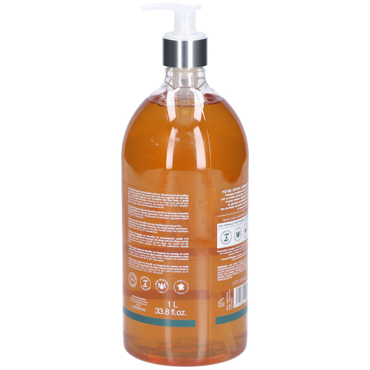 Achteraanzicht van de vloeibare zeepfles. Opschrift: 1 L, 33.8 fl.oz. Verschillende logo's en tekst.