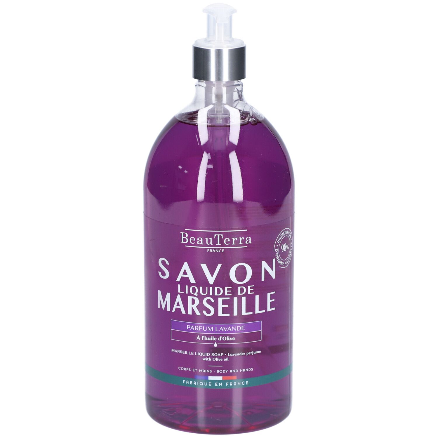 BeauTerra vloeibare zeep in een transparante fles met pomp. Opschrift: Savon Liquide de Marseille Parfum Lavande.