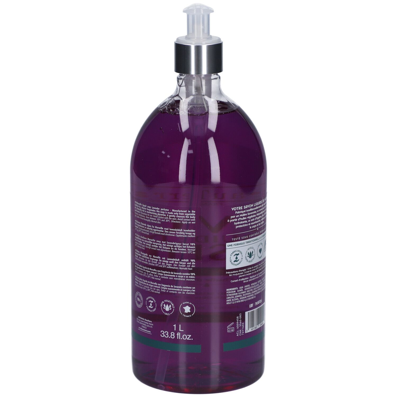 Achteraanzicht van de vloeibare zeepfles. Opschrift: 1 L, 33.8 fl.oz. Logo's en tekst. Ingrediënten en certificeringen.