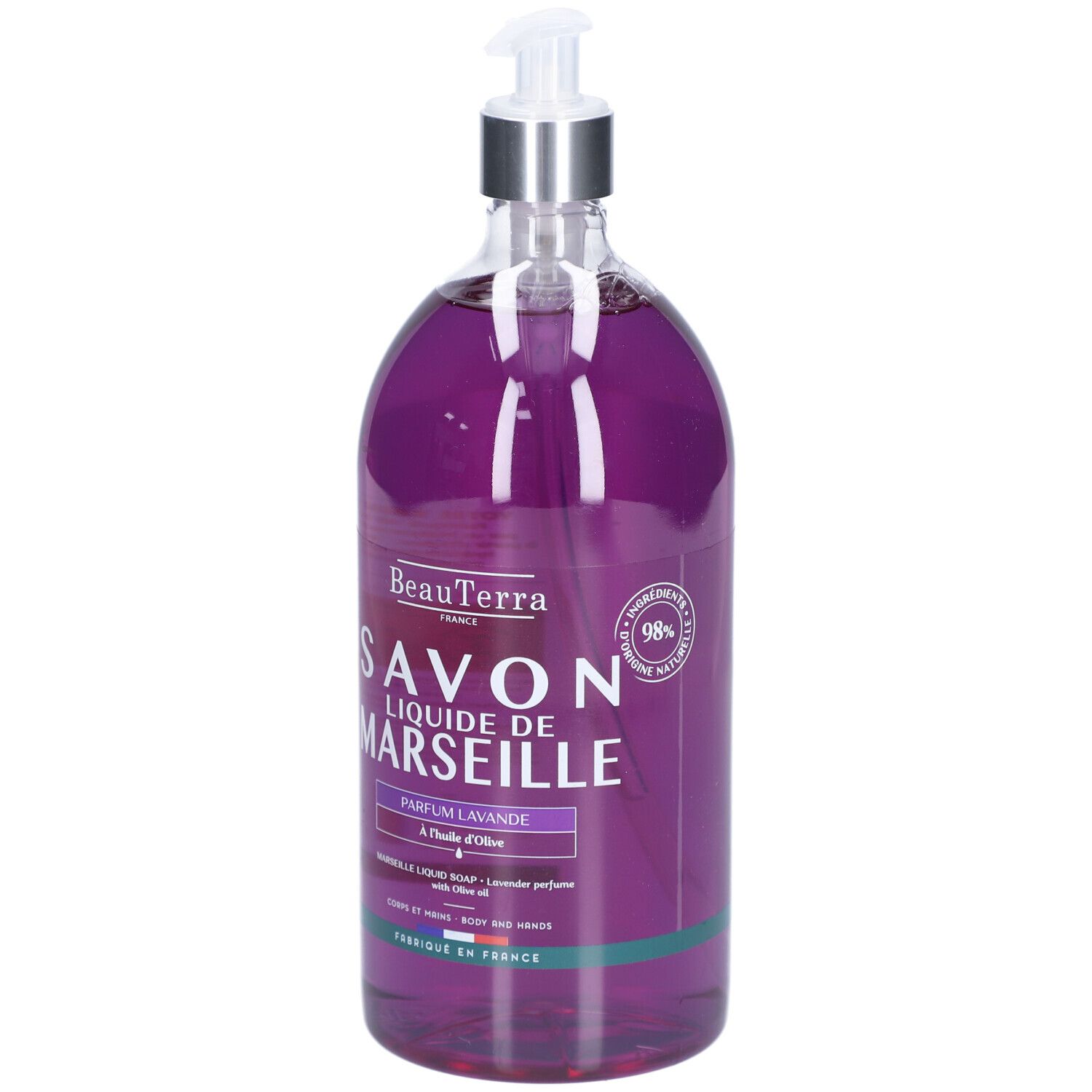 BeauTerra vloeibare zeep in een transparante fles met pomp. Opschrift: Savon Liquide de Marseille Parfum Lavande. 98% natuurlijke ingrediënten.