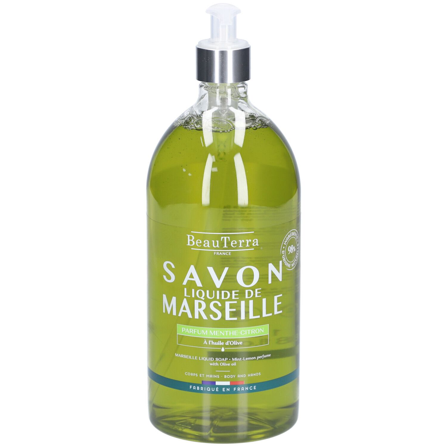Savon liquide vert dans un flacon transparent avec distributeur. Inscription : Savon Liquide de Marseille. Menthe Citron.