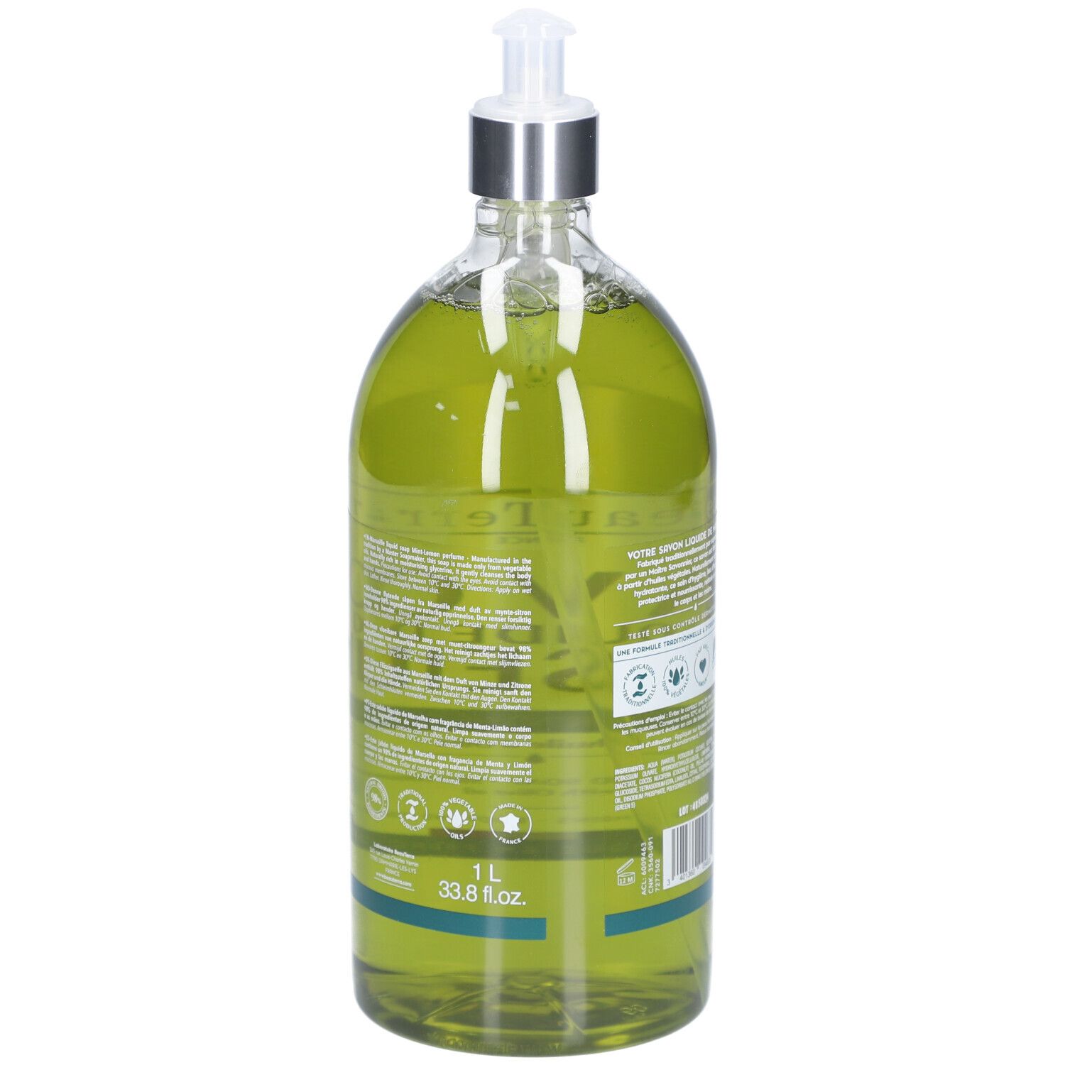 Vue arrière du flacon de savon liquide vert. Inscription : 1L, 33.8 fl.oz. Contient des informations sur les ingrédients et les certifications.