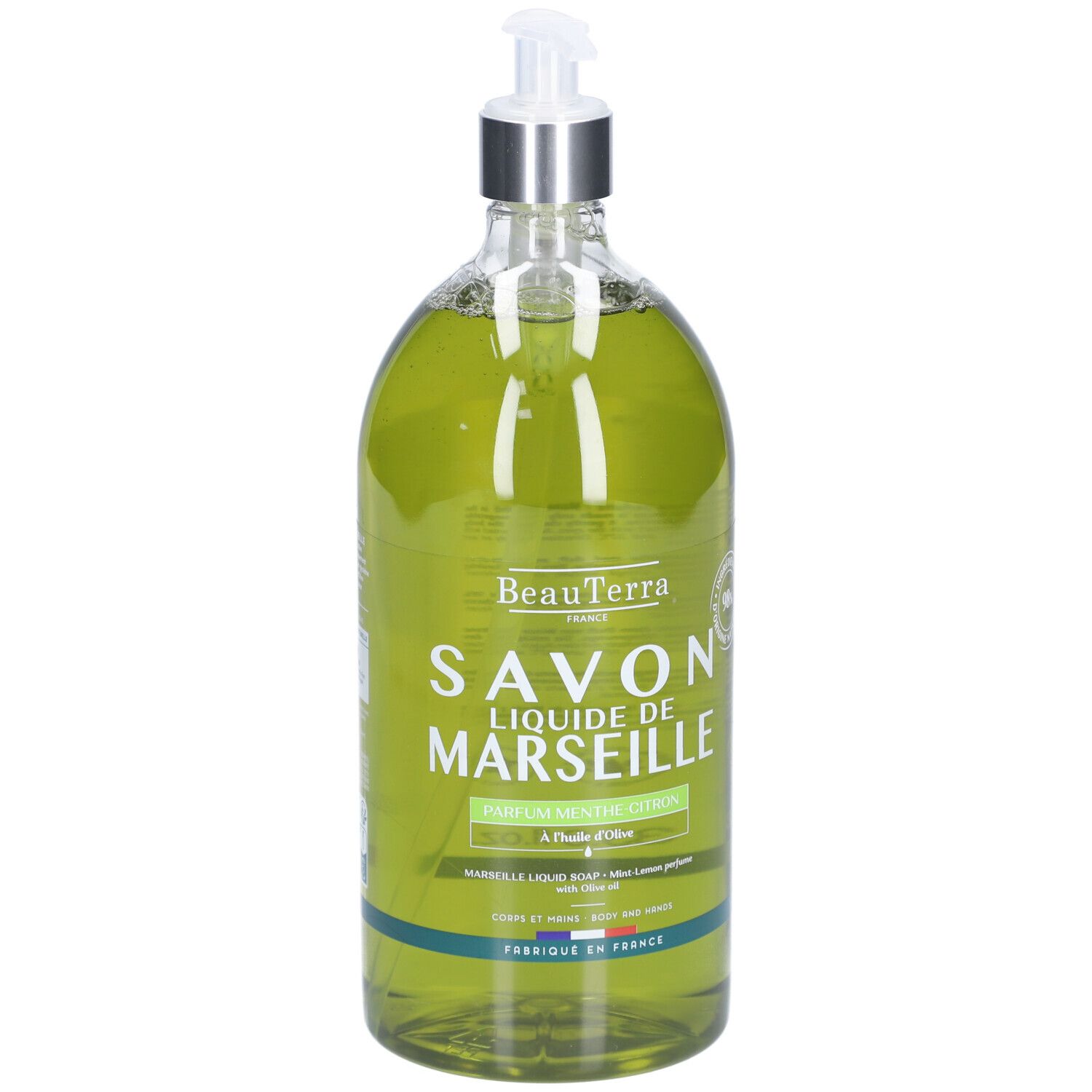 Savon liquide vert dans un flacon transparent avec distributeur. Inscription : Savon Liquide de Marseille. Menthe Citron.