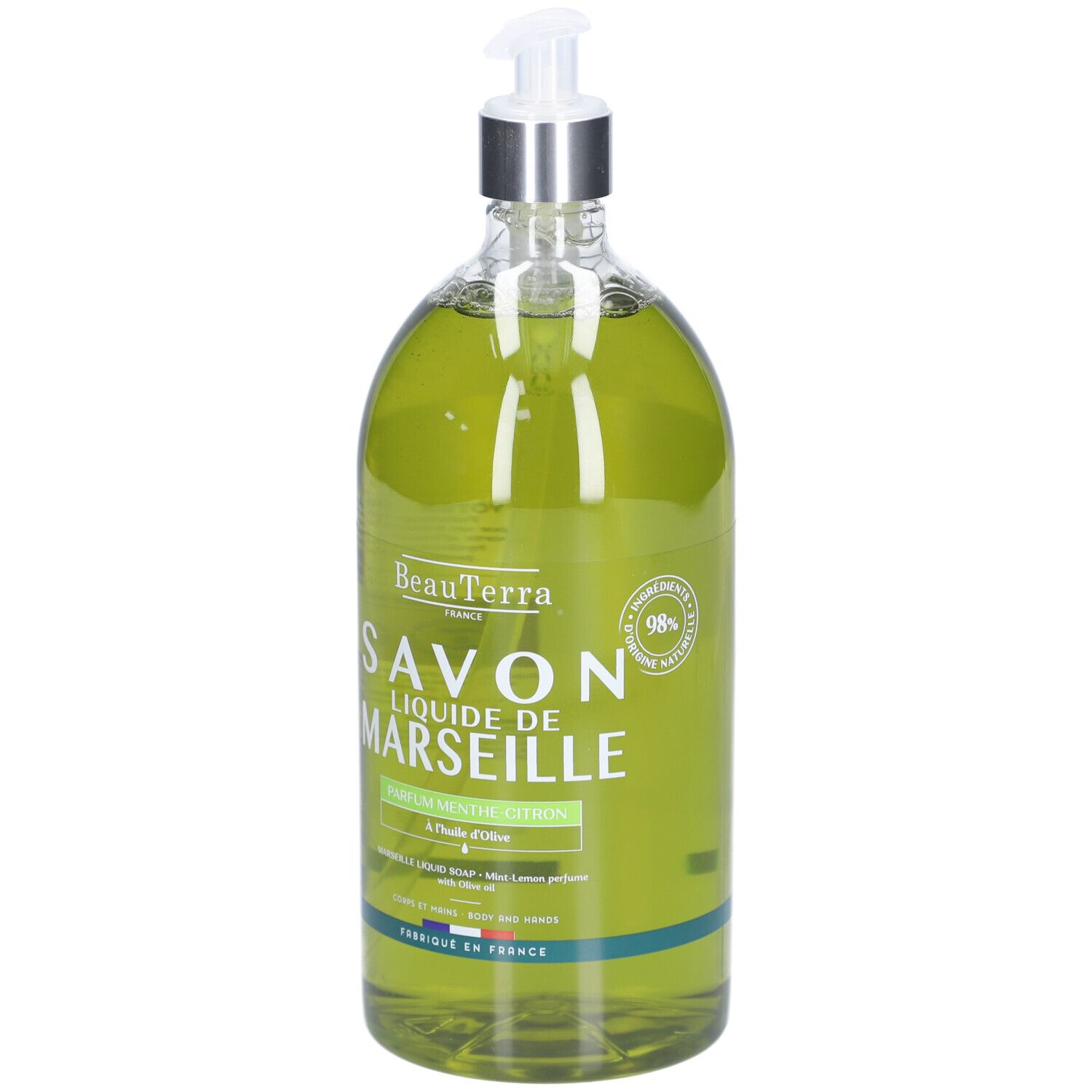 Savon liquide vert dans un flacon transparent avec distributeur. Inscription : Savon Liquide de Marseille. Menthe Citron. 98% ingrédients naturels.