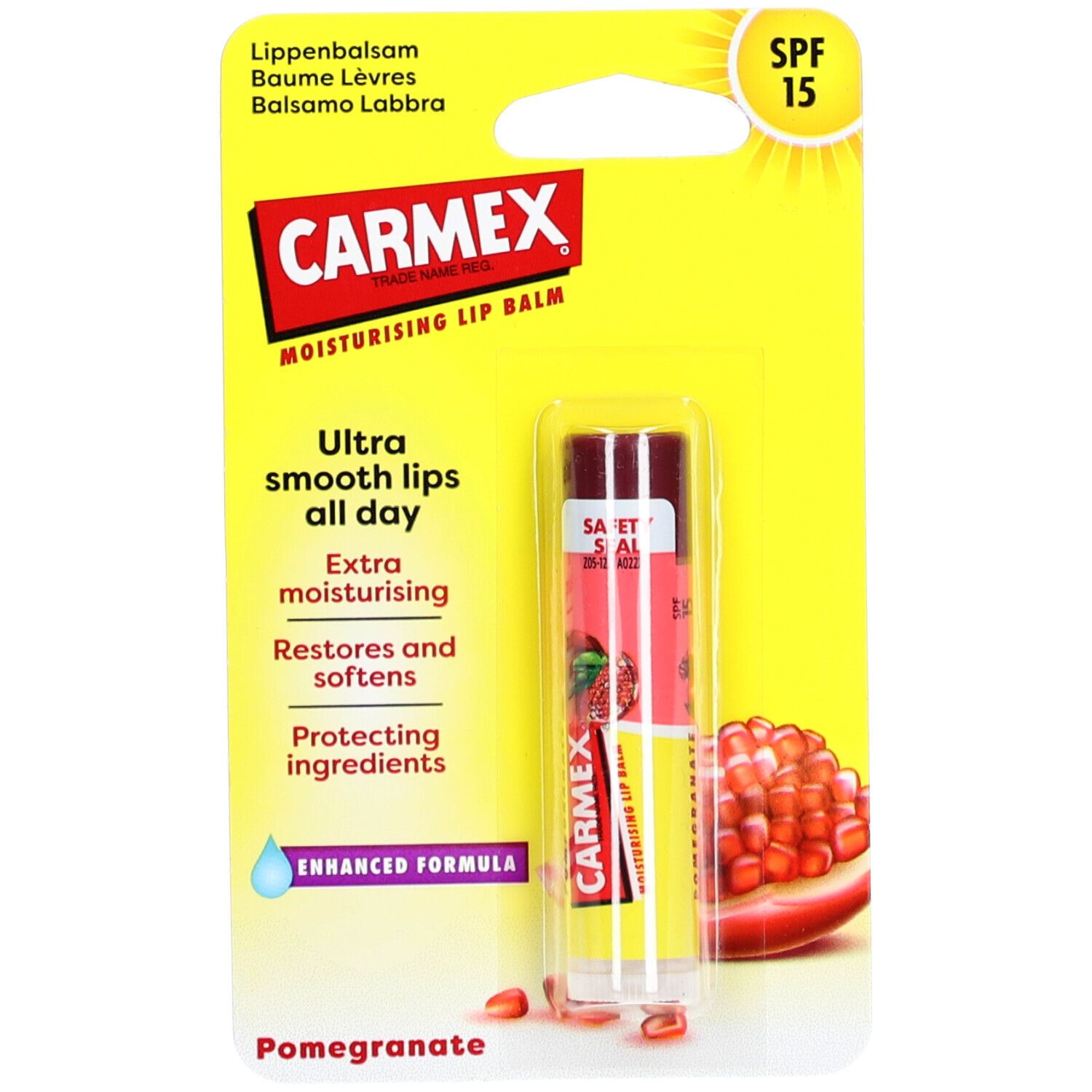 Baume à lèvres CARMEX Granatapfel SPF15. Emballage jaune avec le produit. Nom et SPF15 visibles.