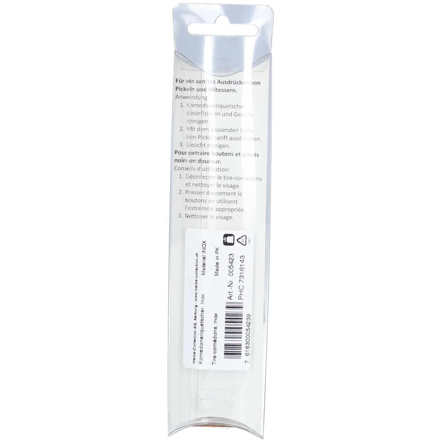 Achterkant van de HERBA Inox verpakking. Tekst in het Duits en Frans. Barcode en fabrikantinfo.