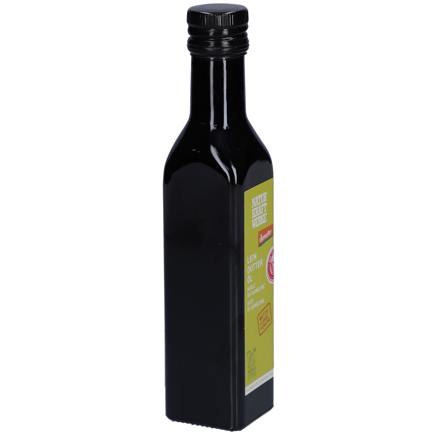 Zijaanzicht van een donkere glazen fles met lichtgroen etiket. Demeter-zegel en productinformatie zichtbaar.