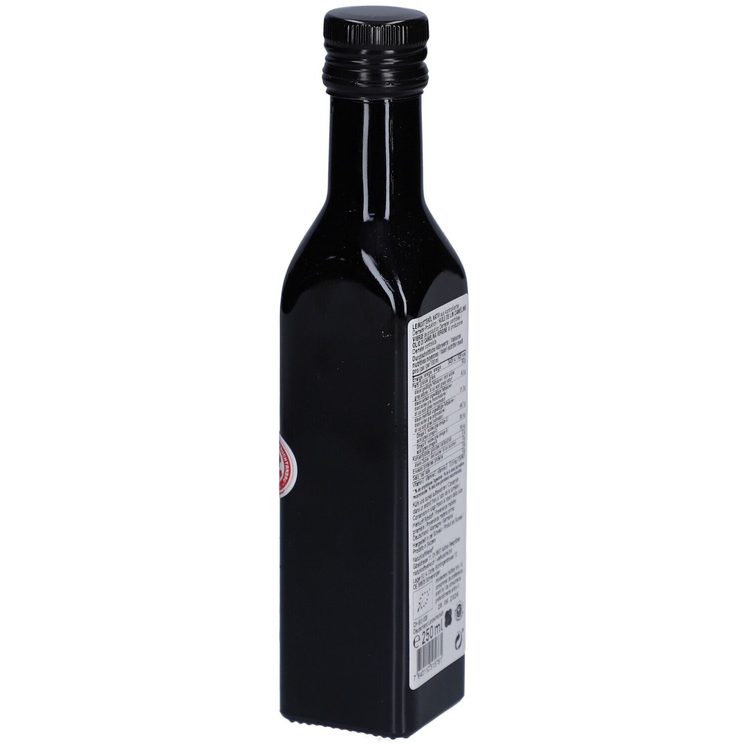 Achteraan zijaanzicht van een donkere glazen fles met etiket. Bevat voedingswaarden en bio-certificeringen.