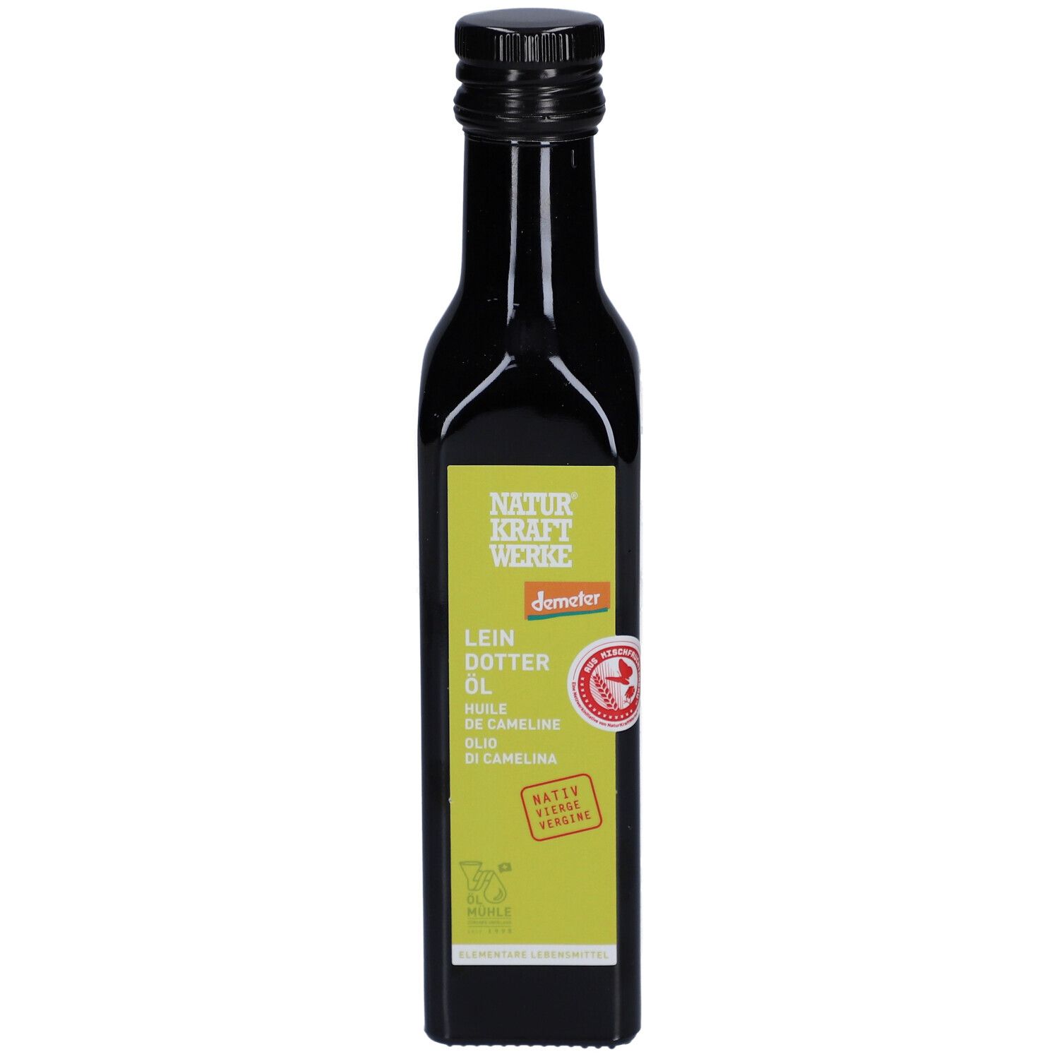 Vooraanzicht van een donkere glazen fles met lichtgroen etiket. Toont 'NATUR KRAFT WERKE' en Demeter-kwaliteitszegel.