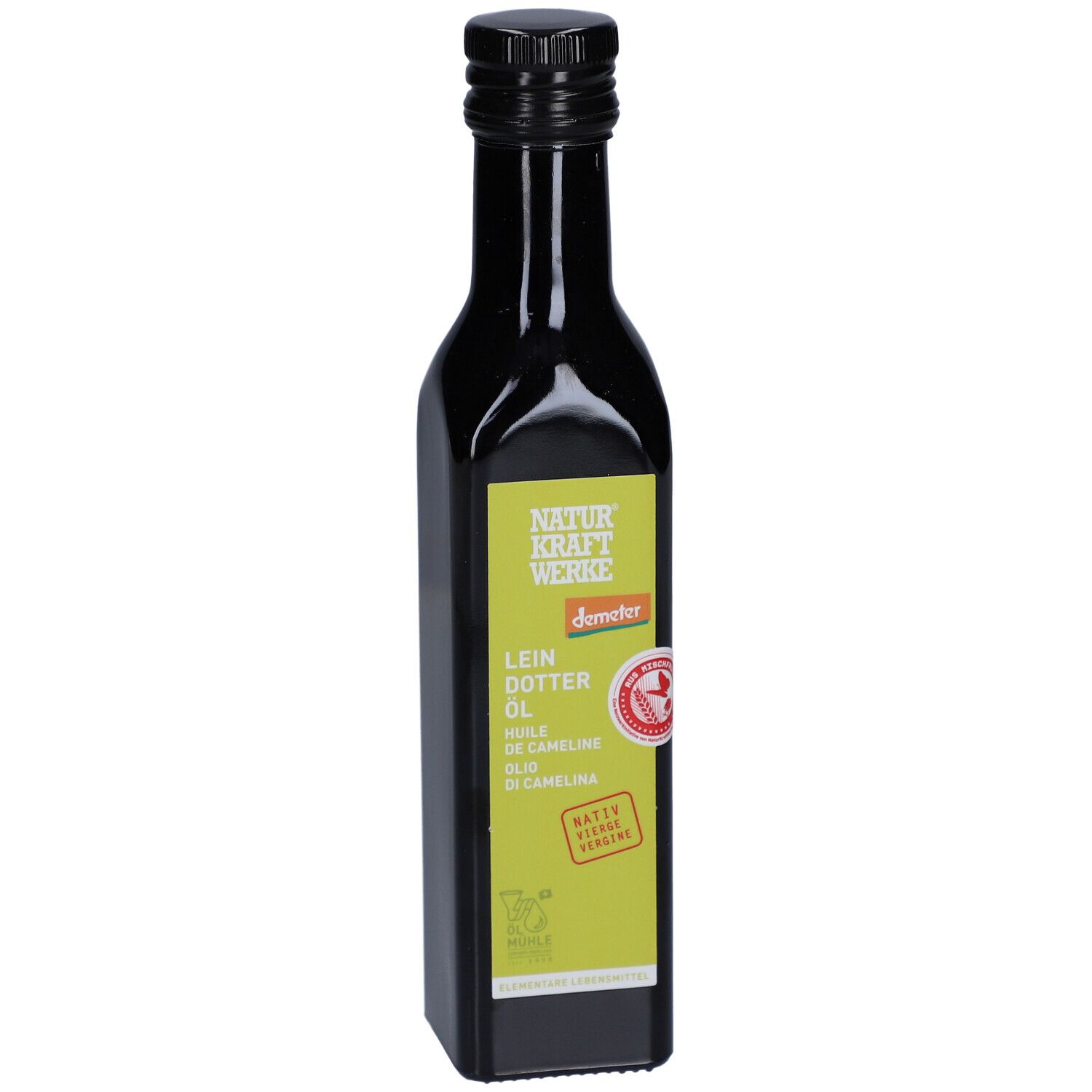 Donkere glazen fles met zwarte dop en lichtgroen etiket. Demeter-gecertificeerde camelina-olie.
