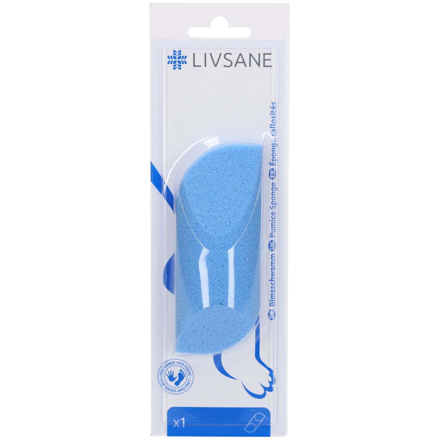 Blauwe puimsteen in transparante verpakking. Merk Livsane. Voor het verwijderen van eelt.