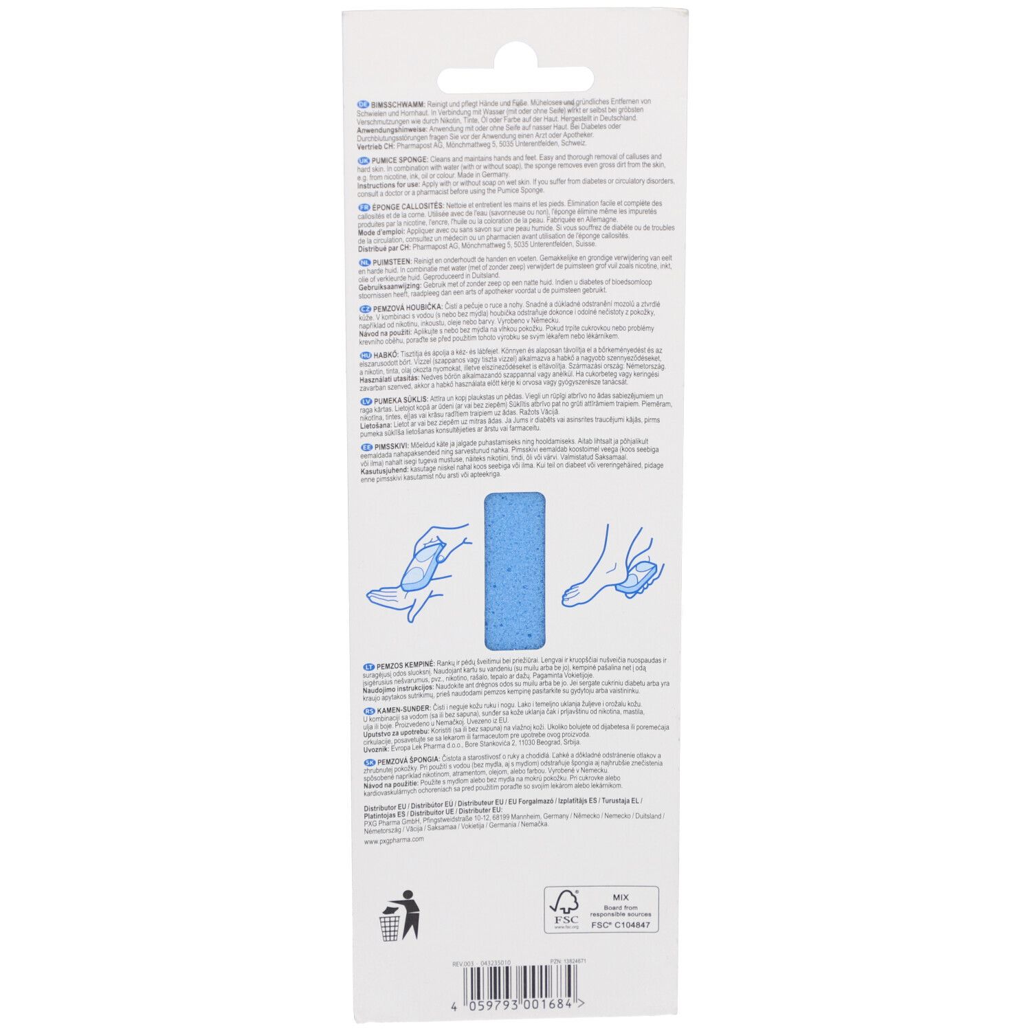 Achterkant van de verpakking met productinformatie en illustraties van het gebruik.