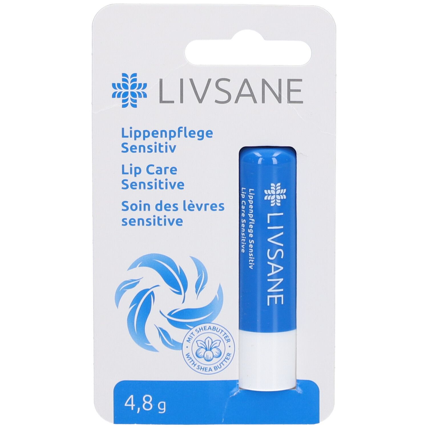LIVSANE Lippenpflege Sensitive en emballage blister. Stick à lèvres bleu avec bouchon blanc. Nom du produit et logo visibles.