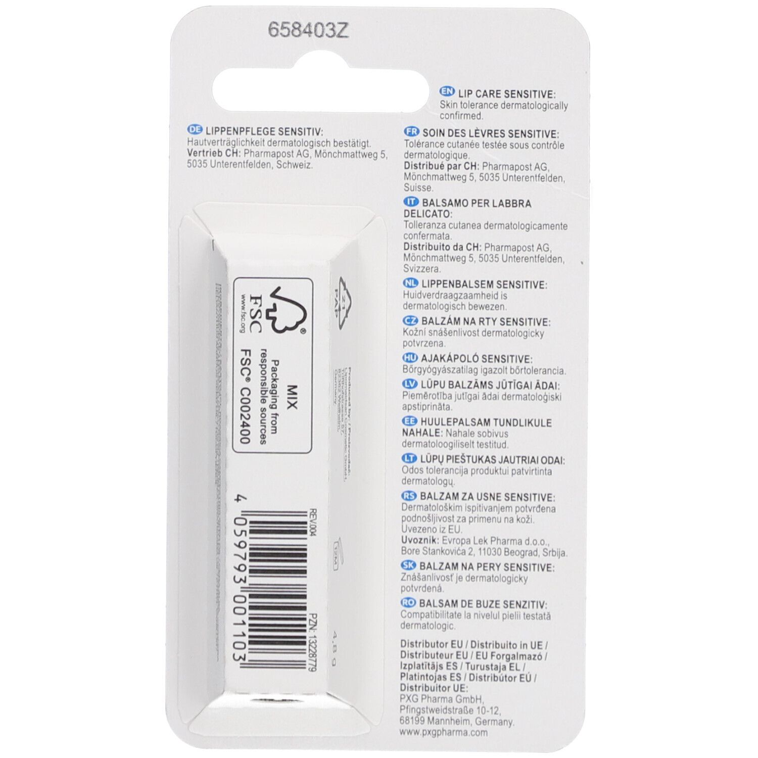 Dos de l'emballage LIVSANE Lippenpflege Sensitive. Texte multilingue. Label FSC et code-barres.