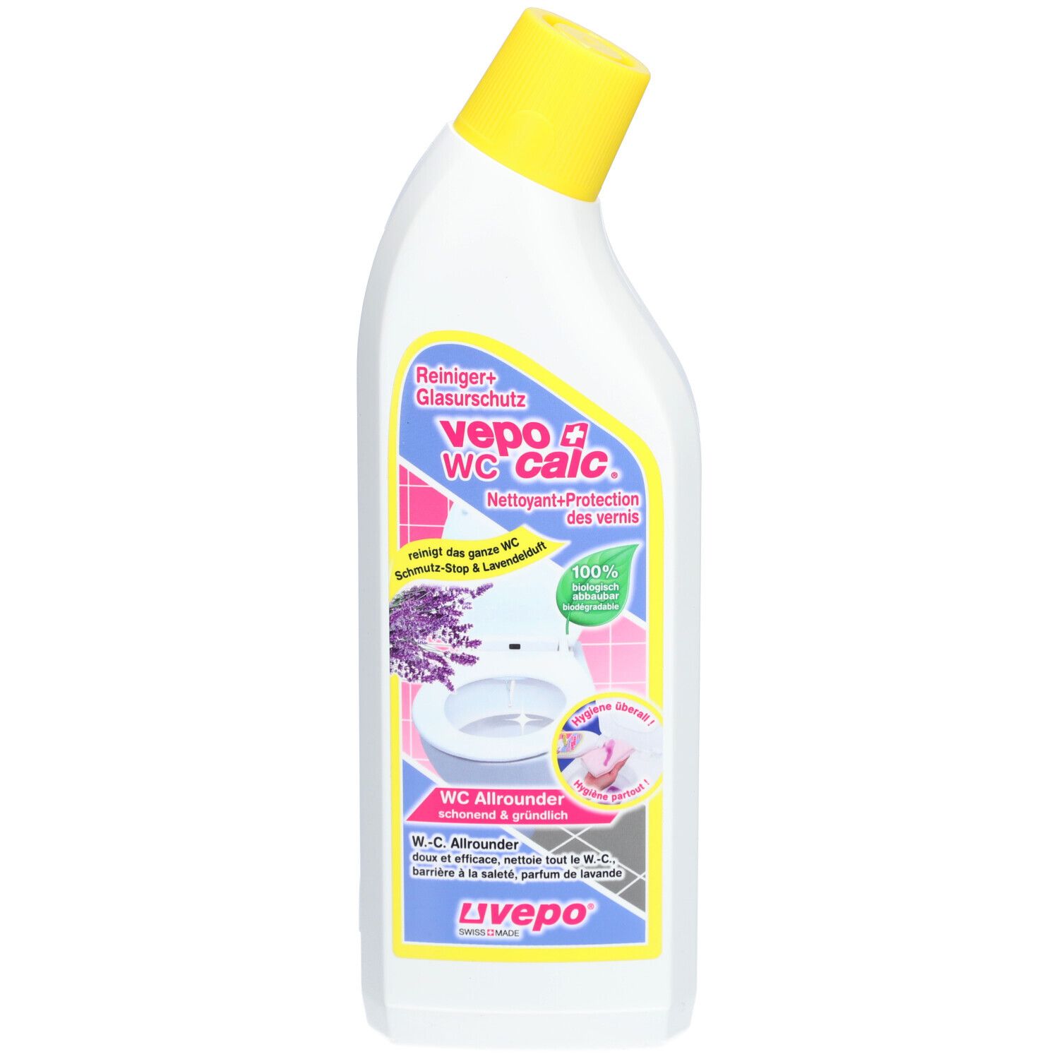 Witte fles met gele dop. Opschrift "vepo wc calc" en afbeelding van een toilet. Tekst in het Duits en Frans.