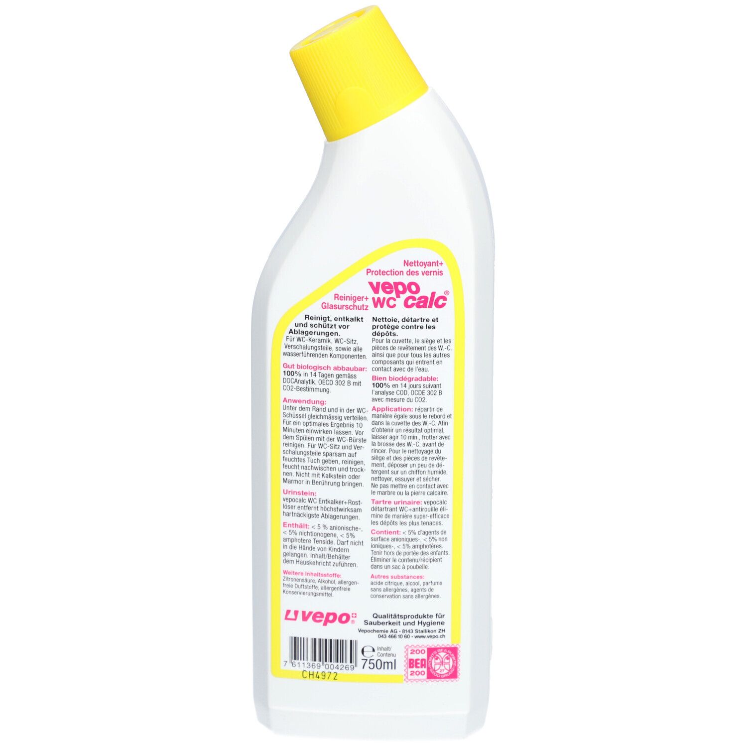 Achterkant van een witte fles met gele dop. Tekst in het Duits en Frans. Volume: 750ml.