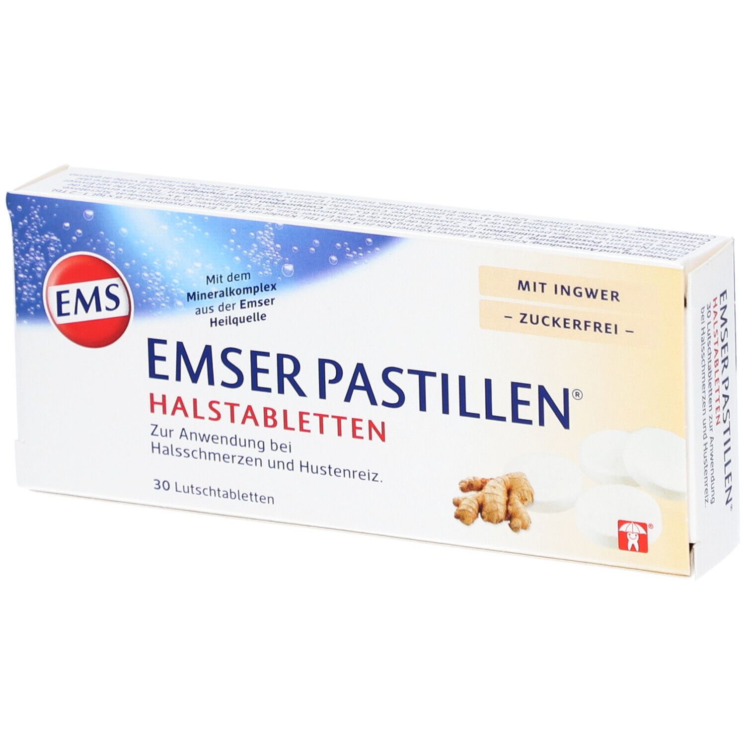 Boîte de pastilles EMSER. Inscription: Pastilles pour la gorge, 30 pastilles à sucer, au gingembre, sans sucre.