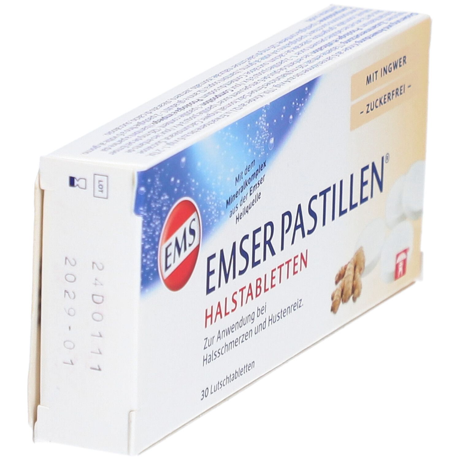 Boîte de pastilles EMSER en biais. Inscription: Pastilles pour la gorge, 30 pastilles à sucer, au gingembre, sans sucre.