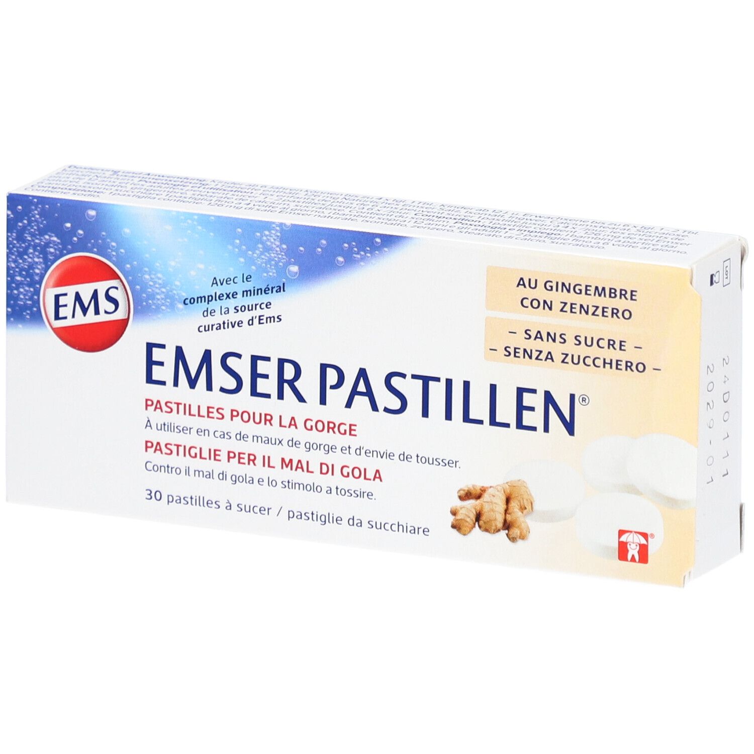 Boîte de pastilles EMSER. Inscription: Pastilles pour la gorge, 30 pastilles à sucer, au gingembre, sans sucre.