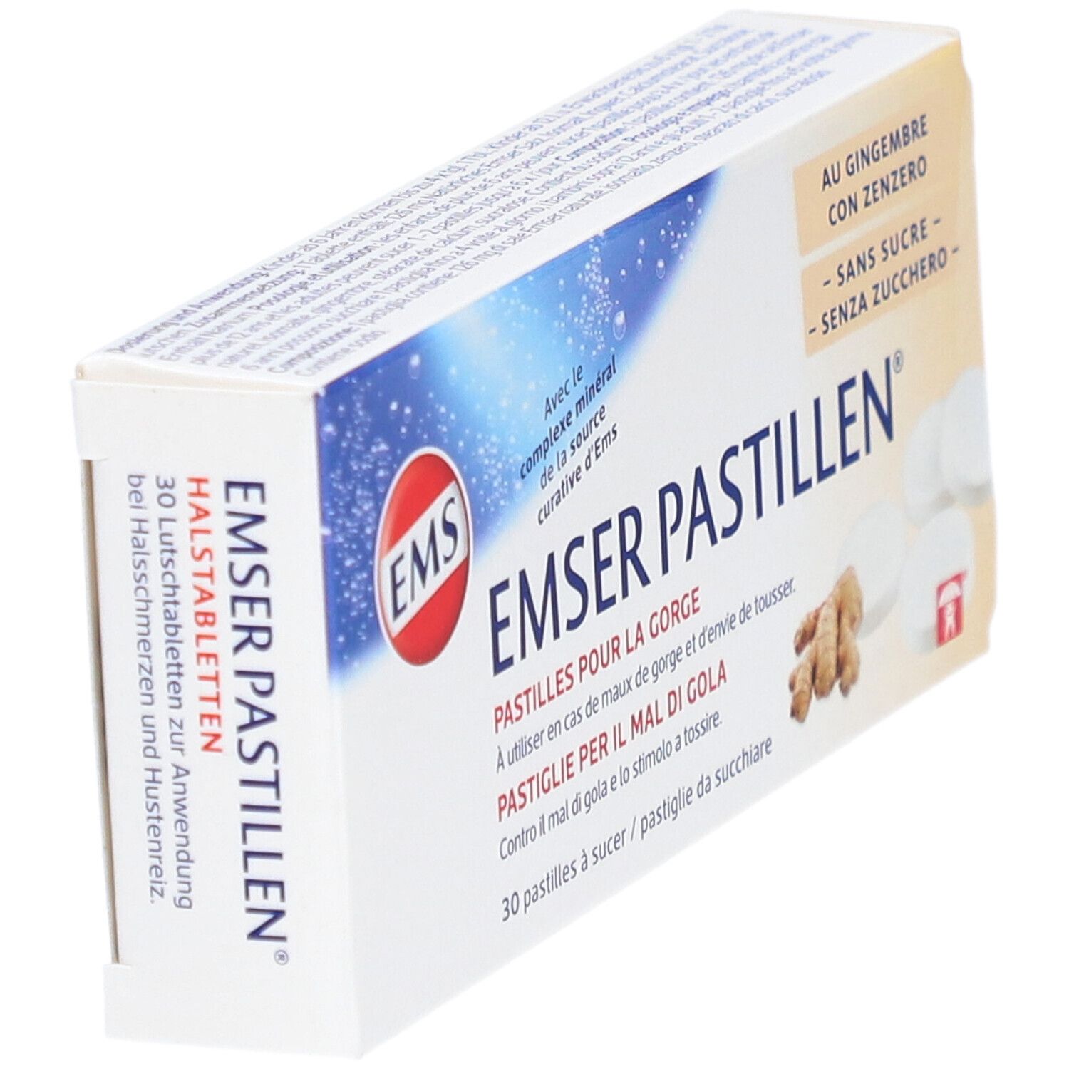 Boîte de pastilles EMSER en biais. Inscription: Pastilles pour la gorge, 30 pastilles à sucer, au gingembre, sans sucre.