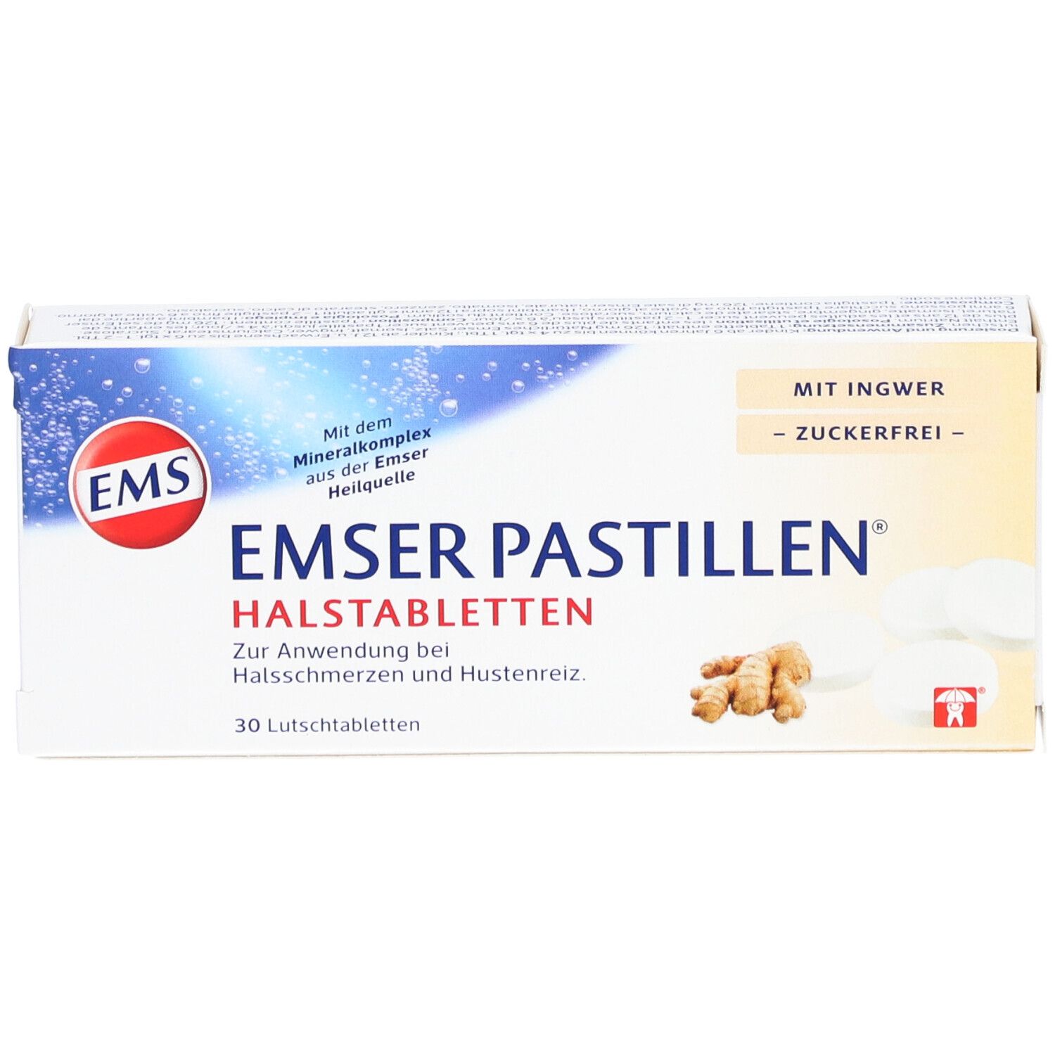 Boîte de pastilles EMSER. Inscription: Pastilles pour la gorge, 30 pastilles à sucer, au gingembre, sans sucre.