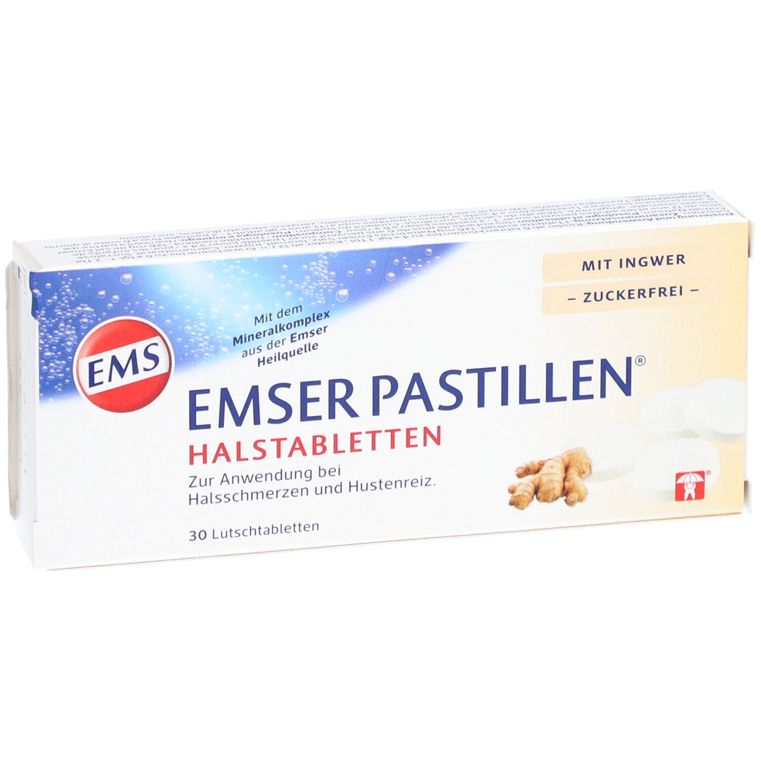 Boîte de pastilles EMSER. Inscription: Pastilles pour la gorge, 30 pastilles à sucer, au gingembre, sans sucre.