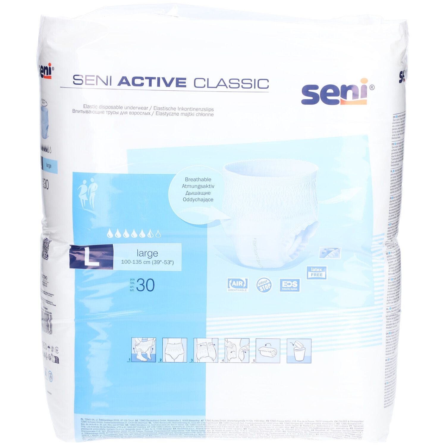 Verpakking SENI Active Classic Pants L. Witte broekje afgebeeld. Maat L, 30 stuks. Ademend. Merk SENI.