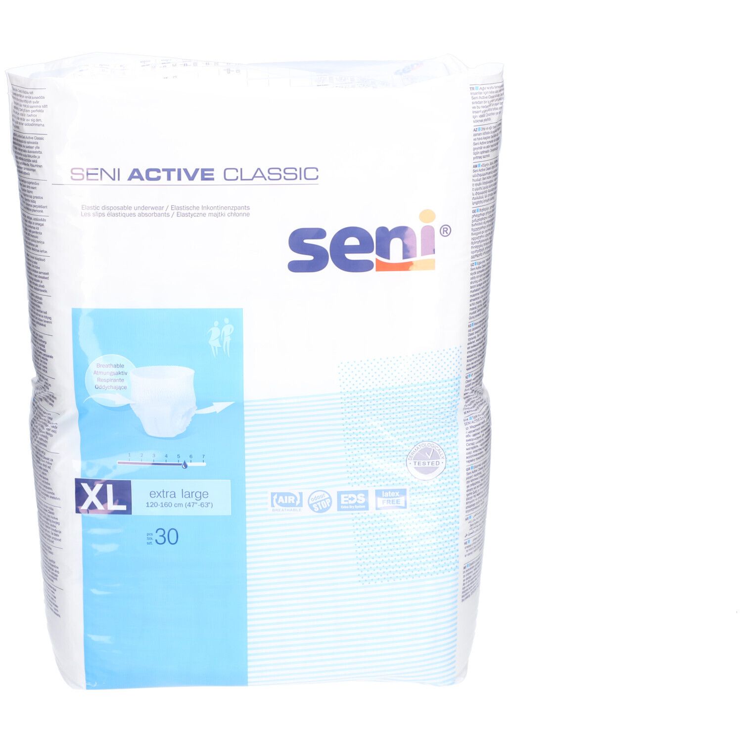 Paquet de SENI Active Classic XL. Sous-vêtements jetables blancs, 30 pièces. Extra large. Logo et nom du produit.