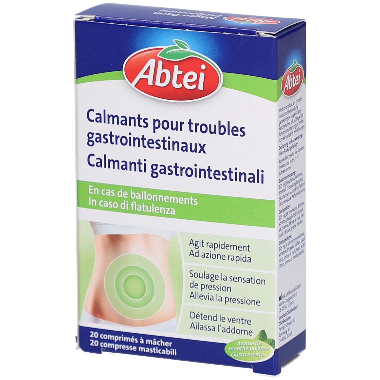 Boîte Abtei Calmants pour troubles gastro-intestinaux. Texte: En cas de ballonnements, 20 comprimés à mâcher. Illustration ventre.