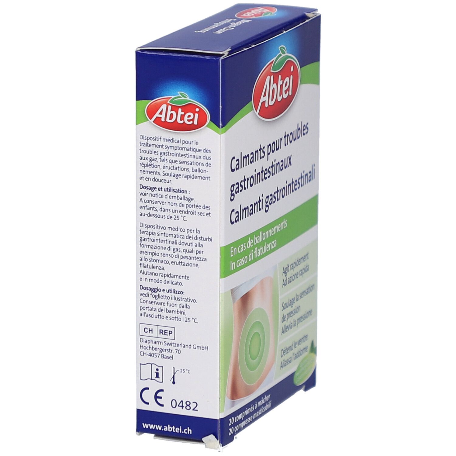 Boîte Abtei Calmants pour troubles gastro-intestinaux en biais. Texte: 20 comprimés à mâcher. Logo Abtei. Informations.