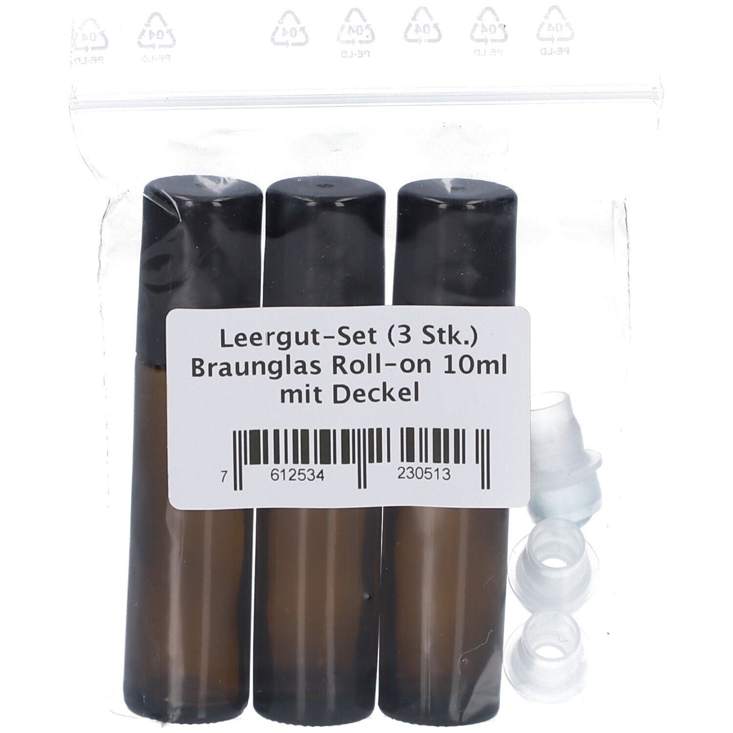 Set van drie bruinglazen roll-on flacons met zwarte doppen en aparte roll-on applicators, in een plastic zakje.