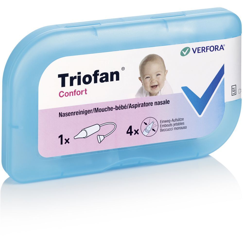 Étui bleu TRIOFAN® Komfort Baby-Fliege. Contient un aspirateur nasal et 4 embouts jetables. Logo Verfora.