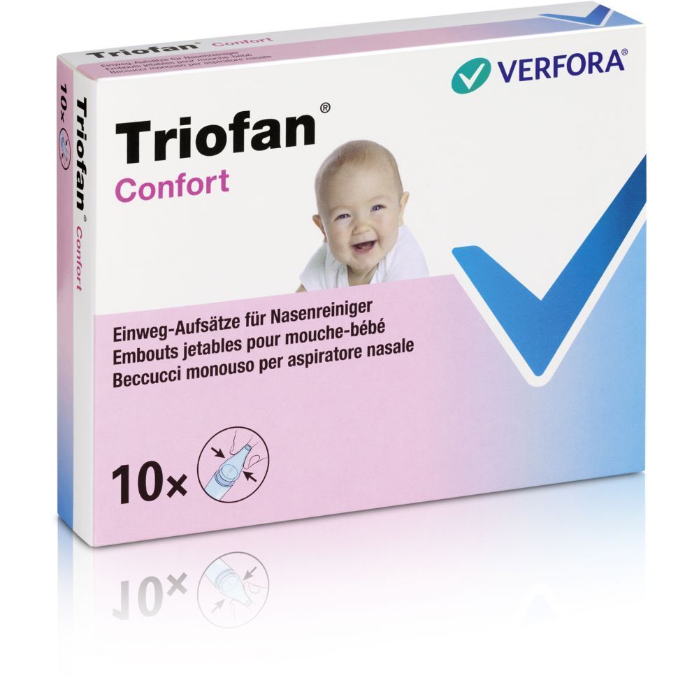Boîte TRIOFAN® Komfort. Emballage rose et blanc avec photo de bébé, nom du produit et indication 10x.