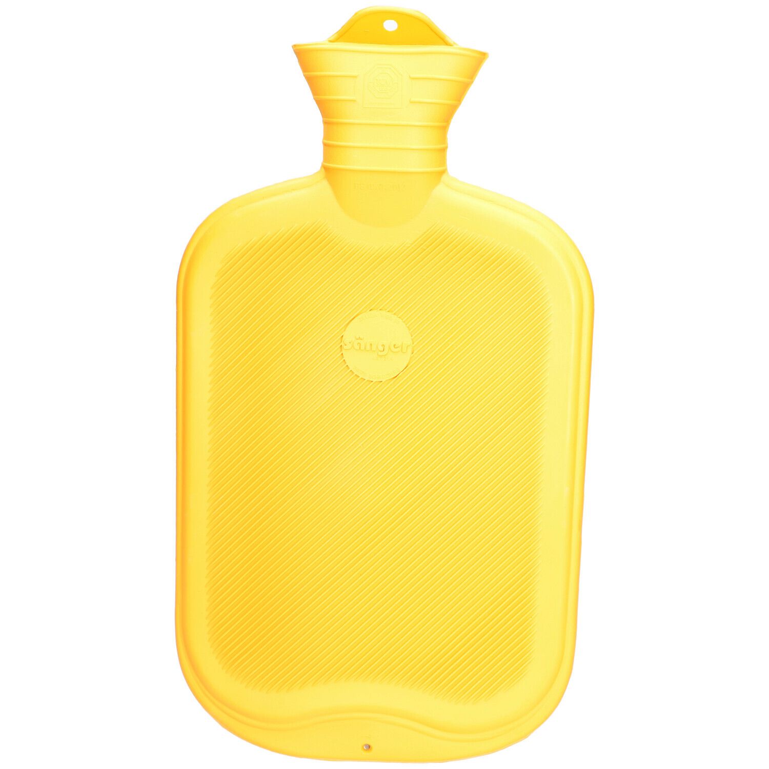 Gele rubberen warmwaterkruik. Lamellenstructuur, rechthoekige vorm. Fabrikantenlogo in het midden.