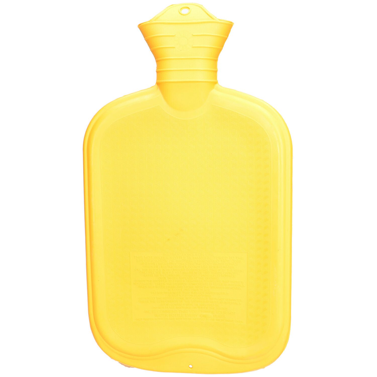Gele rubberen warmwaterkruik. Lamellenstructuur, rechthoekige vorm. Tekst op de achterkant.